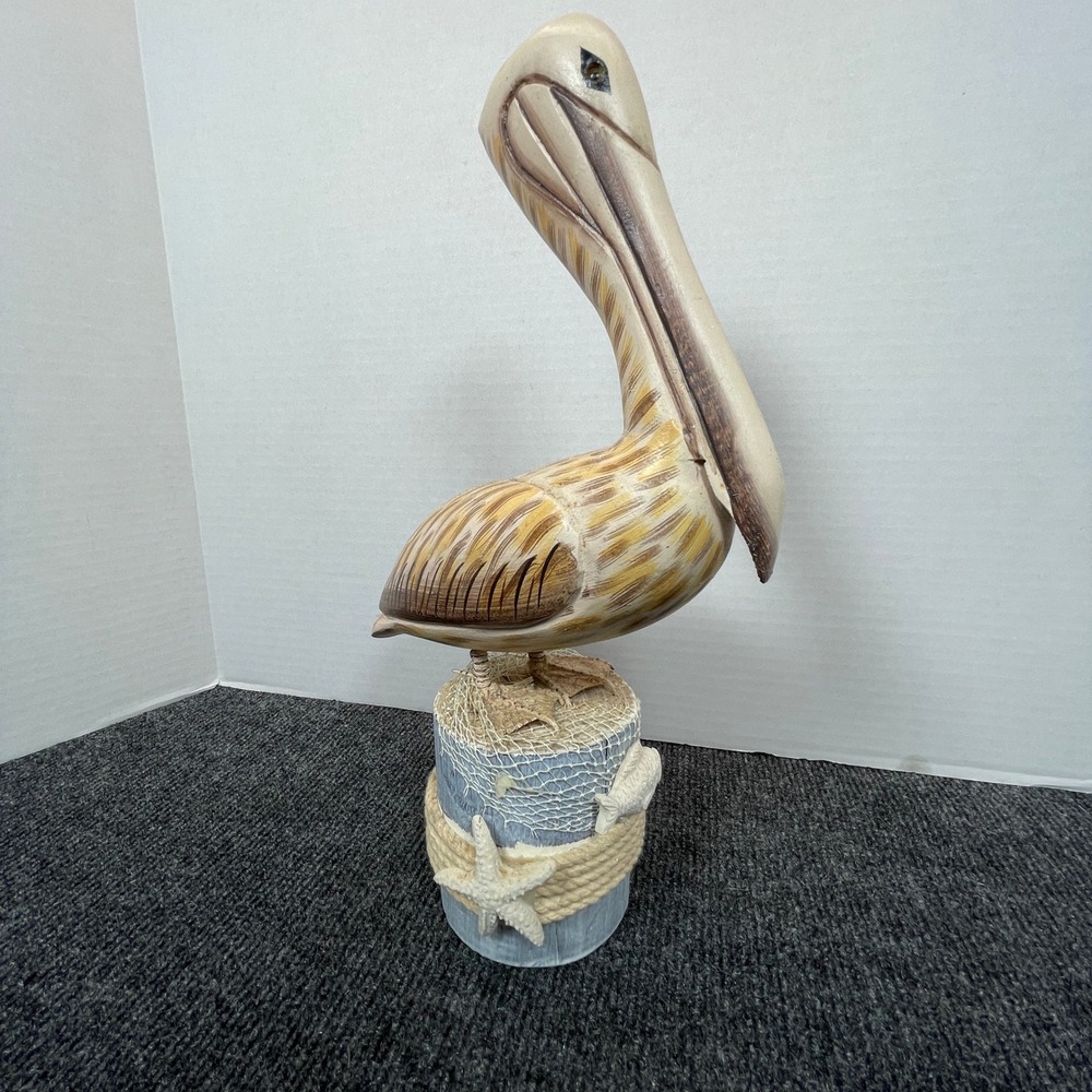 Hand Carved Wood Pelican Statue Nautical Coastal Decor 15" Tan Blue Beach House